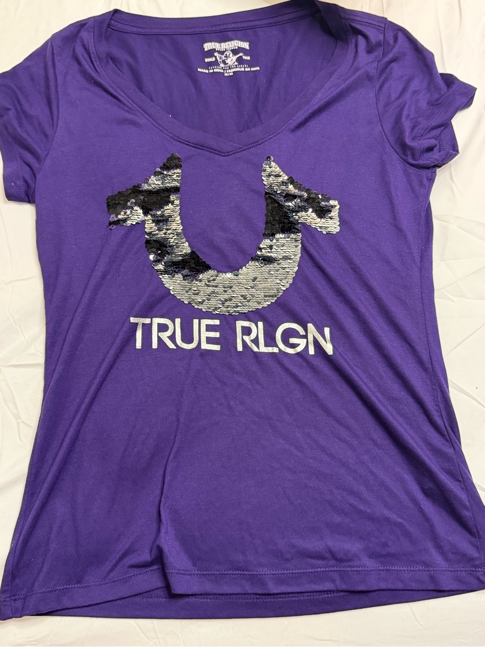 True Religion Purple V-Neck Tee with Reversible Sequin Horseshoe